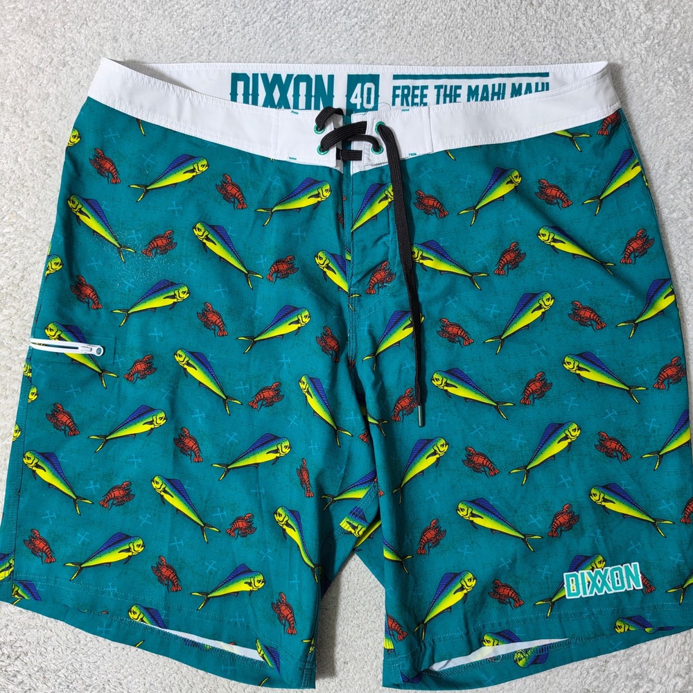 NEW Dixxon Board Shorts Mens 40/9 Teal Free‎ the Mahi Mahi Lobster Fishing Print